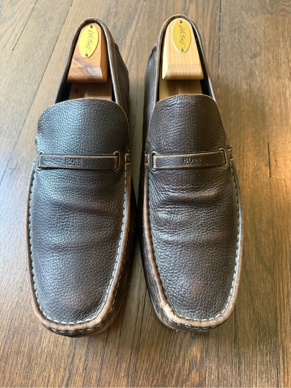 BOSS Dark Brown Pebbled Leather Slip-On Loafers